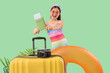 © Pixel-Shot - Cute girl with passport, suitcase and swim ring on green background