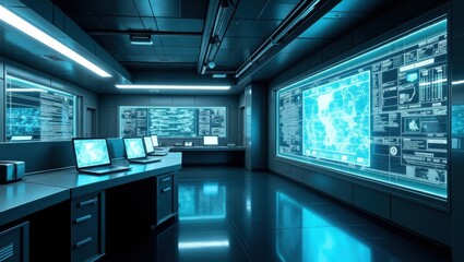 Canvas Print - Cyberpunk laboratory interior, holographic screens, metallic surfaces, futuristic and sleek environment