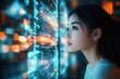 © Donna - Young woman looking thoughtfully at a glowing digital interface filled with futuristic data and light patterns in a dark technology-driven environment