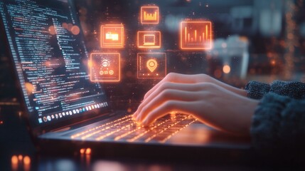 person typing on a laptop displaying lines of code with glowing orange futuristic digital interface 