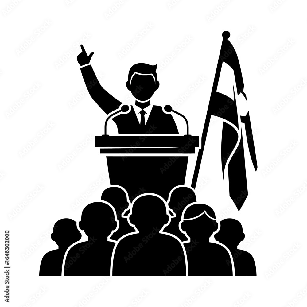Political speaker silhouette at podium with crowd and flag black and ...
