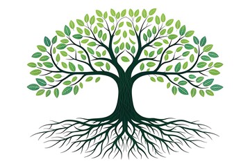 stylized tree of life with visible roots and green leaves