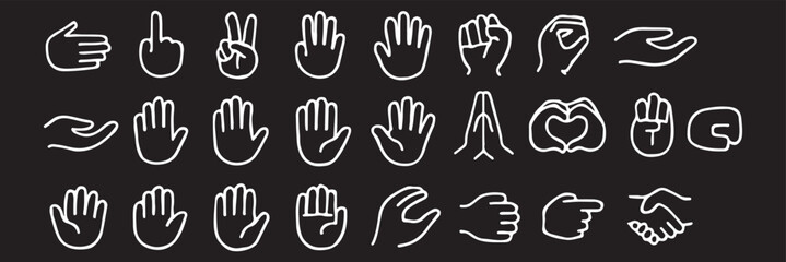 Wall Mural - Fingers Actions editable stroke outline web icons set. Fingers, hands, thumb up, ok, point, touch, pray, hand shaking, and like. Vector illustration