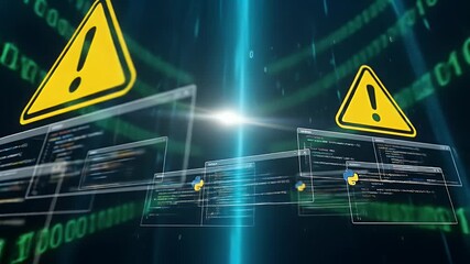 Digital warning signs hover above transparent computer code windows against a background of binary code