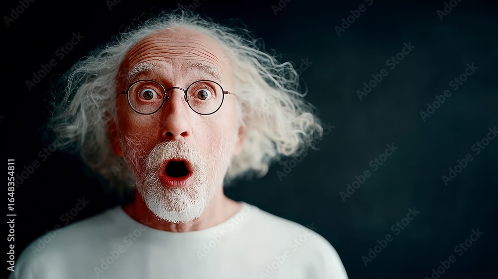 Elderly man with white hair and beard wears glasses showing a surprised ...