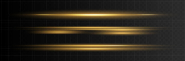 Set of yellow horizontal glare. Laser beams, horizontal light rays. Glowing stripes on dark background. Glowing abstract