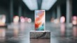 © BOJOShop - Rectangular glass object with abstract colorful image displaying on a stone pedestal in a minimalist gallery