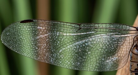 Dragonfly wing in macro iridescent membrane with vein lattice, blurred pond reeds in the background.