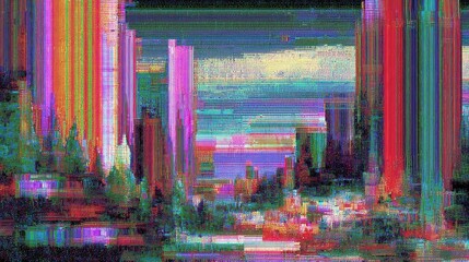 Distorted city scape, vibrant glitch art