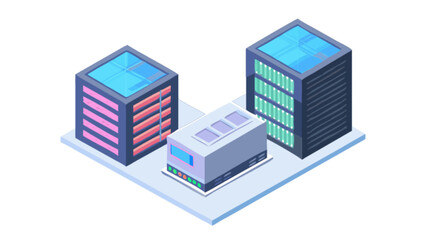 Isometric server farm data center illustration for cloud computing and network infrastructure design concept