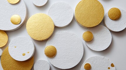 Wall Mural - abstract arrangement of textured white and gold circular forms scattered on a light background