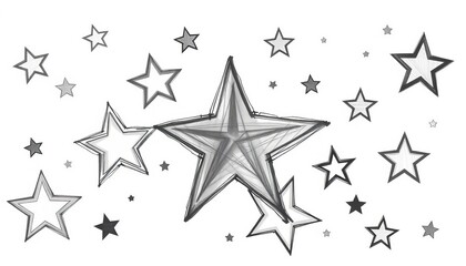 Wall Mural - Whimsical, unevenly sized stars sketched in charcoal, varying shades of gray on white background,  illustration,  retro
