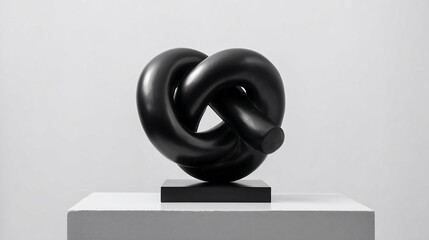 Wall Mural - abstract black knot sculpture on white pedestal, modern art exhibit