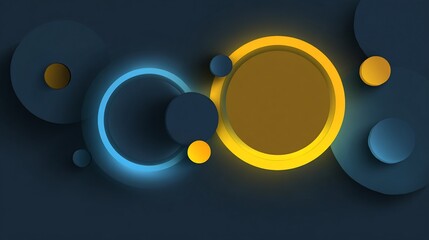 Wall Mural - abstract blue, yellow, and dark circles with light and shadow on dark background