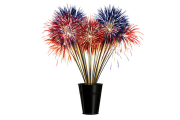 Wall Mural - Festive fireworks display in black bucket with red and blue bursts, cut out transparent