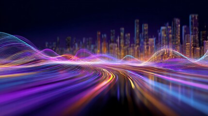 Wall Mural - abstract city skyline with vibrant, flowing light waves foreground