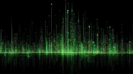 Wall Mural - abstract cityscape with green light streaks rising over water reflection