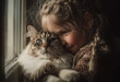 © saira - A little girl holding her cat by the window, a photo of two people hugging each other in front of an empty white wall