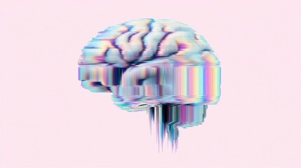 An illustration of a human brain featuring glitch art effects with vibrant digital distortions and abstract colorful pat