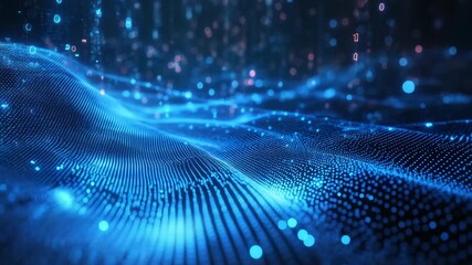 Wall Mural - digital data wave with glowing blue particles and binary code creating futuristic abstract technolog