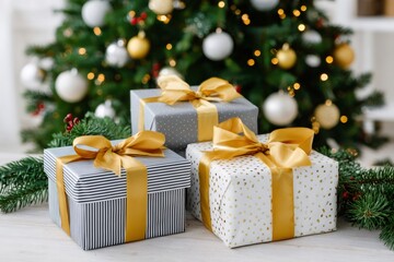 Wall Mural - christmas gifts with golden ribbons under decorated christmas tree