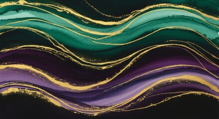 Canvas Print - flowing waves of emerald and purple accented with shimmering gold lines