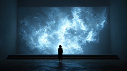 Wall Mural - a silhouetted figure stands before a mesmerizing, ethereal light display, creating a sense of wonder