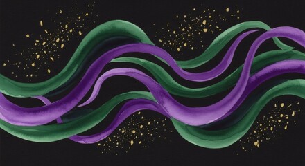 Canvas Print - watercolor painting of flowing purple and green ribbons with gold splatters on black