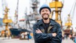 © CStock - A smiling worker in a hard hat stands confidently in a busy port environment, surrounded by cranes and boats.