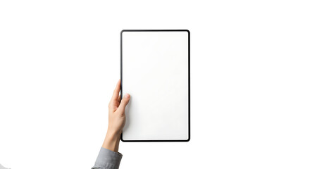 Transparent PNG Tablet Mockup: Hand Holding a Blank White Screen Tablet on a Transparent Background, Ideal for App Presentation or UI Design