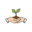 © Pebrianto - Cupped hands in business attire carefully holding a small green plant growing from a mound of soil.