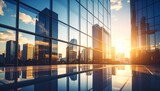 The impressive glass facade of a modern skyscraper reflects the urban skyline, showcasing architectural design and a vibrant city landscape on a bright sunny day.