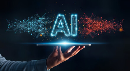 The glowing neon letters ai symbolize artificial intelligence, presented on a digital network of connections, held above a tablet by a human hand, representing the future of technology and innovation