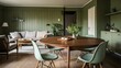 © shilpi - Cozy living room and dining area with green walls and mid century modern furniture