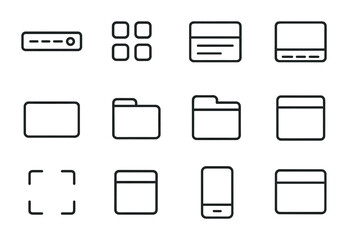 App Interface Icon Set. Outline icon set of app interface layouts: navigation bar, button grid, content