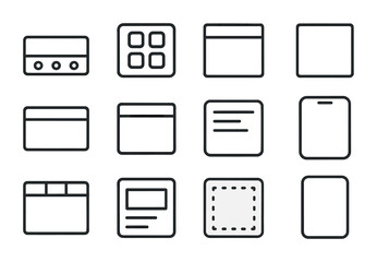 App Interface Icon Set. Outline icon set of app interface layouts: navigation bar, button grid, content