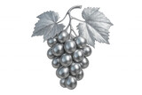 Metallic silver grapes dangling from verdant vine, glistening with delicate leaves against transparent backdrop