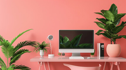 Pink Home Office Workspace with Retro Computer and Lush Greenery
