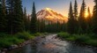 © Shafiqul Islam - Majestic mountain peak bathed in golden sunrise light seen through a lush forest and stream