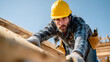 © Daniel - Determined male roofer in safety gear working on a new house, showcasing craftsmanship in a sunny suburban setting, emphasizing home construction and safety.