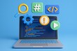 © MdLutfur - Creative coding icons with programming elements for tech and software development, featuring bright icons and laptop