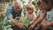 © Nuchylee - Elderly man teaching children gardening outdoors, planting vegetables together, joyful learning