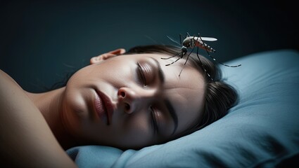 Woman sleeping mosquito attack closeup, Nighttime mosquito feeding on face