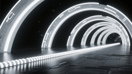Futuristic Tunnel with Glowing Neon Arcs and Pathway