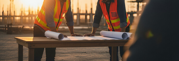Workers in bright safety vests review large blueprints on a table outdoors at sunset, with golden light casting long shadows across the construction site.