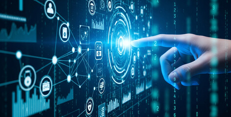 Finger interacting with a glowing digital interface filled with floating icons and complex network connections, illustrating modern technology and digital communication in a high-tech environment.