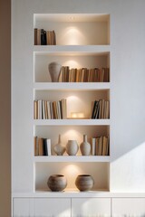 Wall Mural - Minimalist home interior with shelves of books and decorative vases