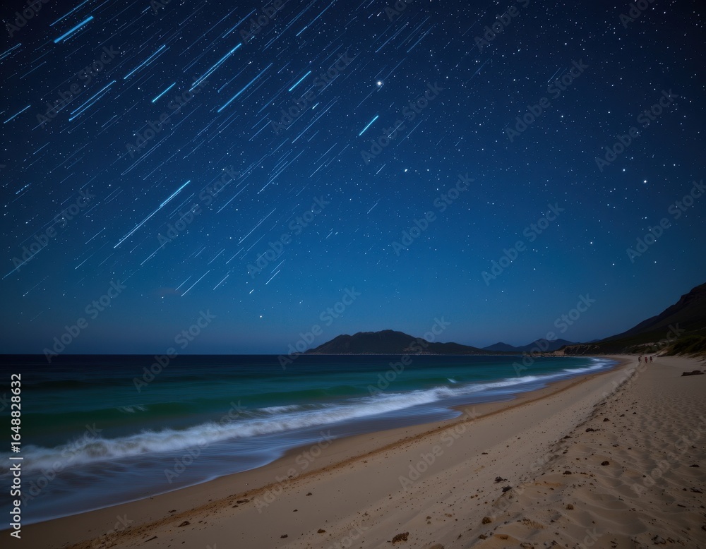 a remote island beach where meteor showers leave glowing trails over ...