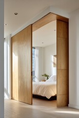 Wall Mural - Modern minimalist bedroom with wooden panel door and elegant interior design