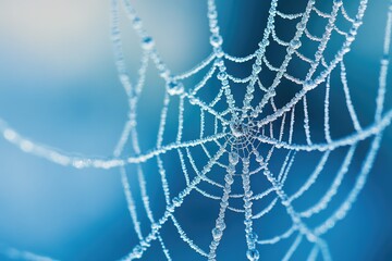 A spiderweb glistening with morning dew, intricate details and icy texture against a blurred blue background.
